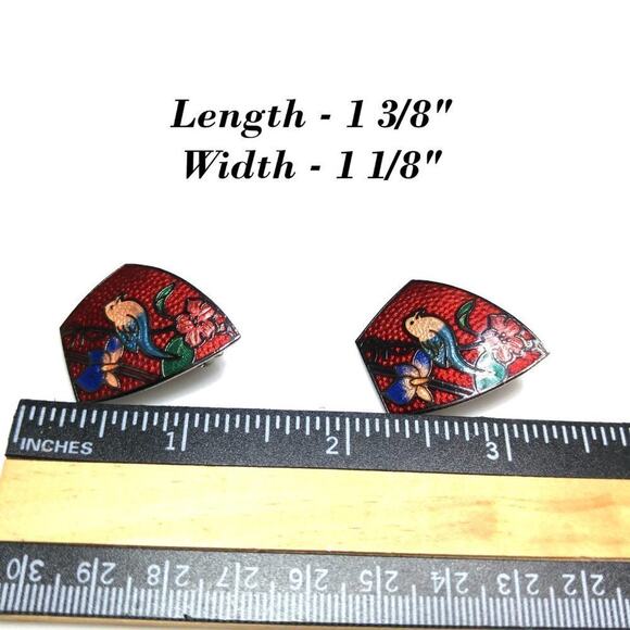 Vintage Cloisonne Bird Shield Shaped Red Clip on Earrings, 1 3/8 Inches - Picture 10 of 11